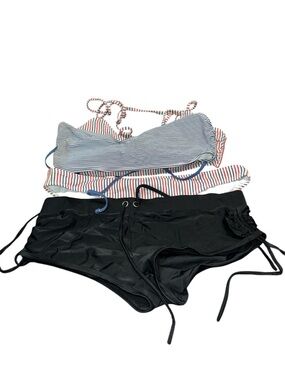 Striped Triangle Bikini Top & Black Swim Shorts Set